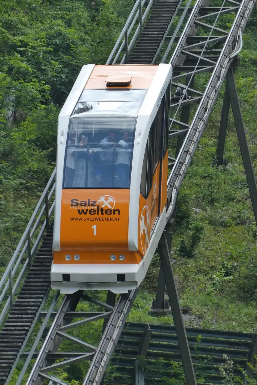 Funicular-Bahn "Salz Welten" auf einer steilen Strecke, umgeben von grüner Landschaft, mit Touristen im Wagen.
